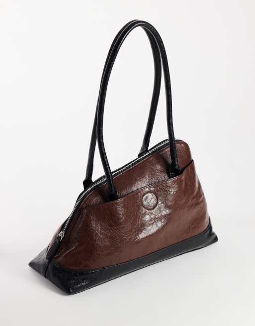 Topshop Skyler large angular shoulder bag in chocolate and black, 3 of 4