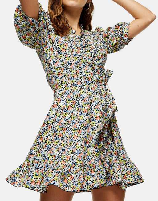Topshop - Slå-om-minikjole med småblomstret multi, 3 af 4