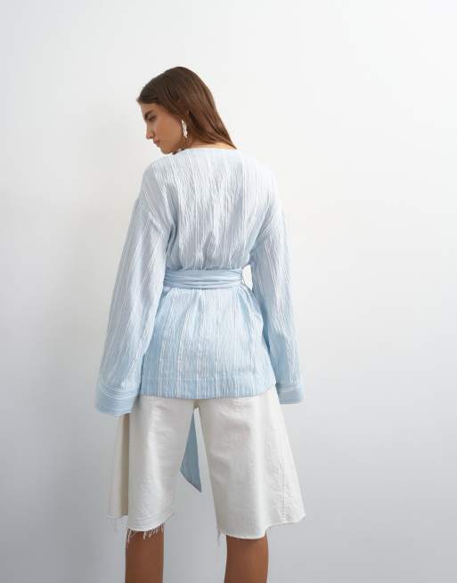 Topshop slå om-top med bindebåndsdetalje i blå stribe, 4 af 4