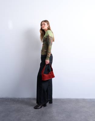 Topshop Slash Neck Abstract Placement Print Microfiber Top In Green