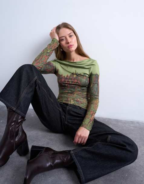 Topshop slash neck abstract placement print microfibre top in green - view 1