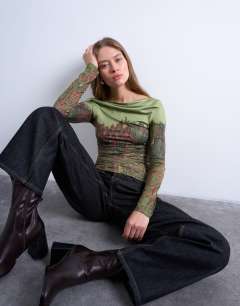 Slash neck abstract placement print microfibre top in green