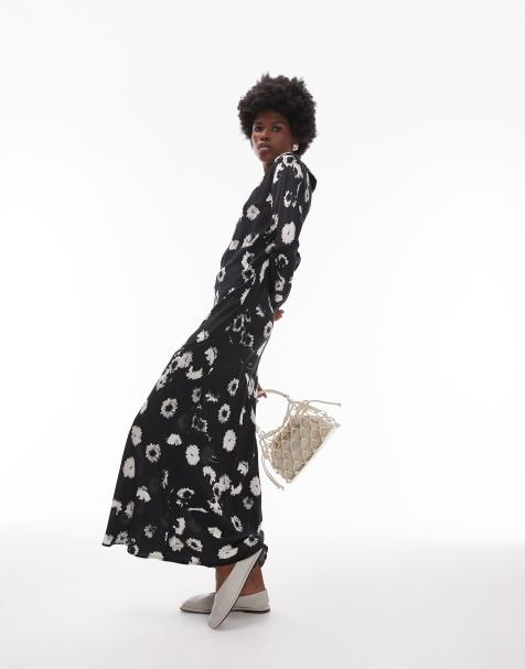 Topshop slash neck bias cut maxi tea dress in monochrome - view 1
