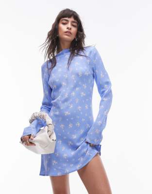 slash neck bias cut mini tea dress in blue