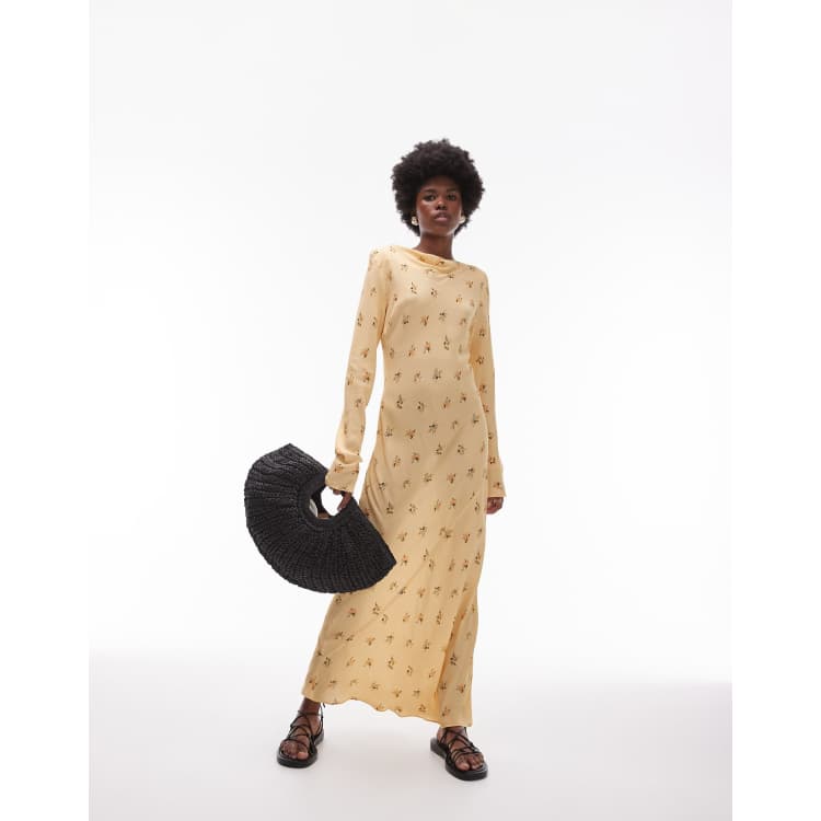 Topshop slash neck bias midi tea dress in yellow ASOS