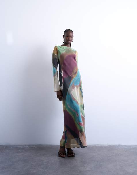 Topshop slash neck chiffon maxi dress in abstract print - view 1