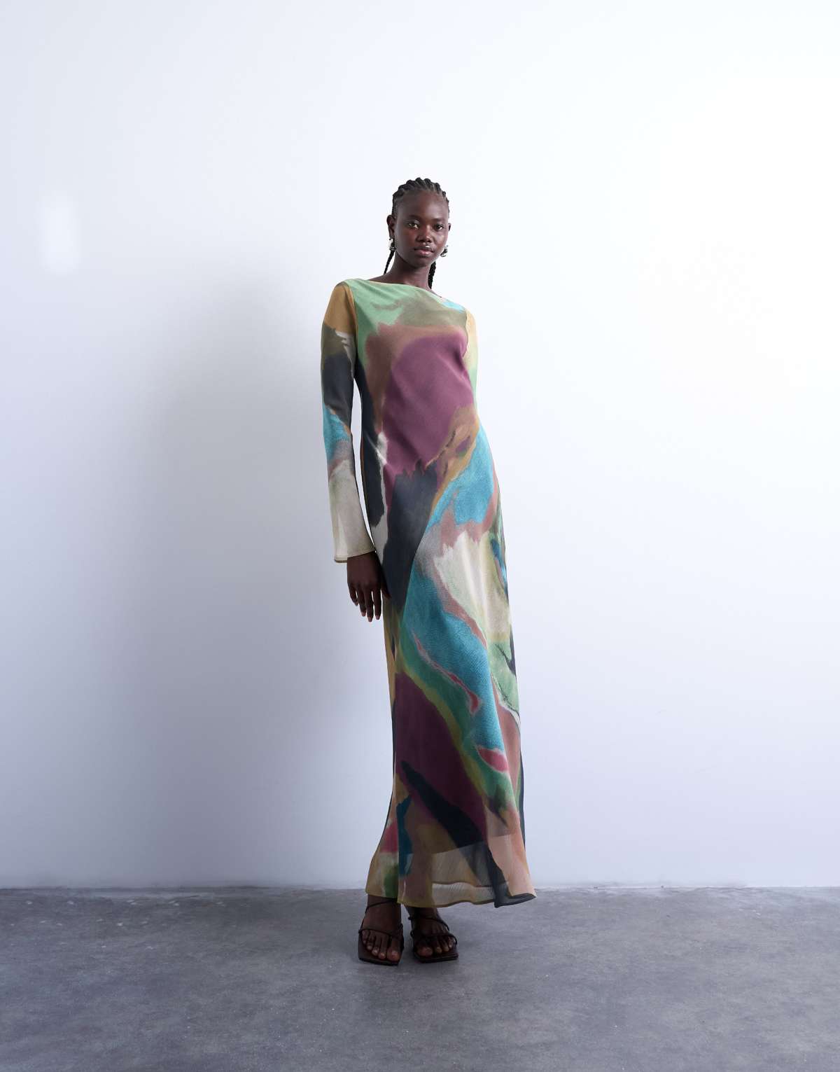 Topshop slash neck chiffon maxi dress in abstract print