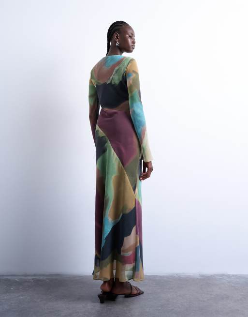 Topshop slash neck chiffon maxi dress in abstract print