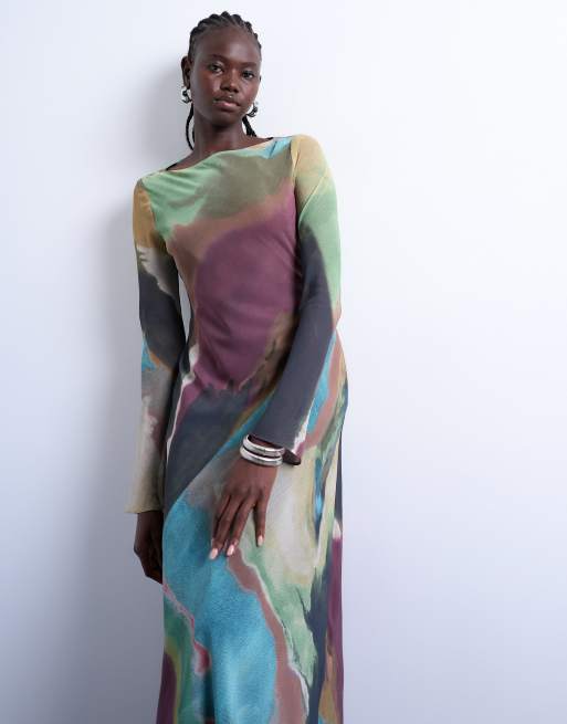 Topshop slash neck chiffon maxi dress in abstract print