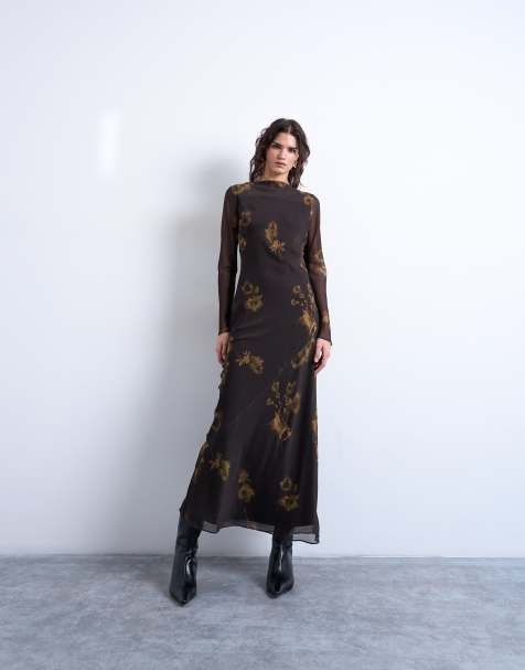 Topshop slash neck chiffon maxi dress in brown and lime floral print - view 1