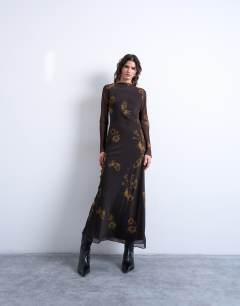 Slash neck chiffon maxi dress in brown and lime floral print