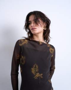 Model wearing Slash neck chiffon maxi dress in brown and lime floral print