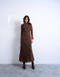 Slash neck chiffon maxi dress in chocolate
