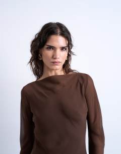 Model wearing Slash neck chiffon maxi dress in chocolate