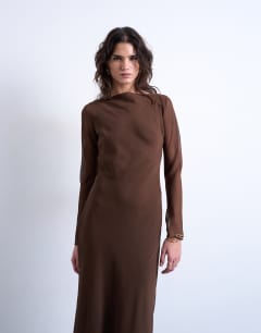 Model wearing Slash neck chiffon maxi dress in chocolate