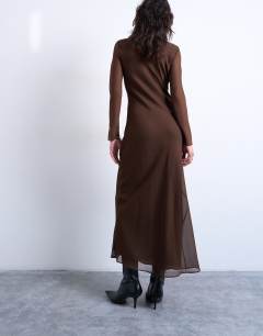 Model wearing Slash neck chiffon maxi dress in chocolate