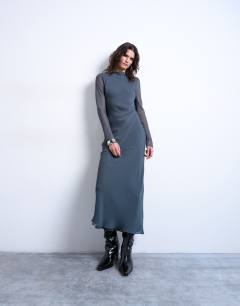 Slash neck chiffon maxi dress in petrol