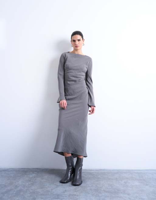 Topshop slash neck cupro maxi dress in grey, 3 of 4