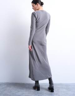 Model wearing Slash neck cupro maxi dress in grey