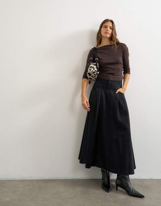 Topshop slash neck curve hem top in chocolate, 3 of 4