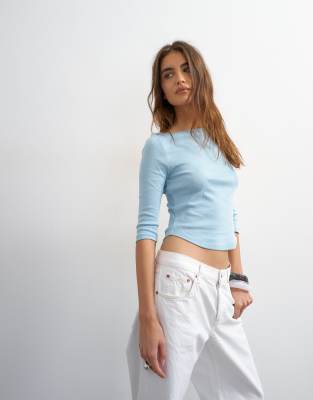Topshop slash neck curve hem top in dusty blue