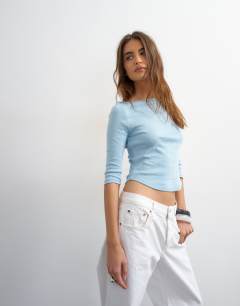 Slash neck curve hem top in dusty blue
