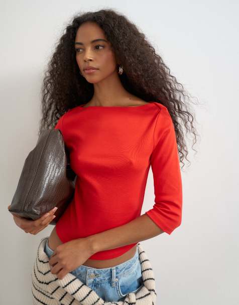 Topshop slash neck curve hem top in red - view 1