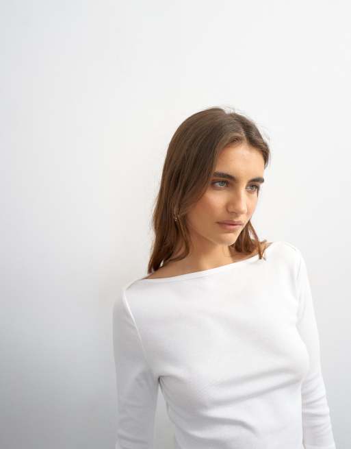Topshop slash neck curve hem top in white, 3 of 4