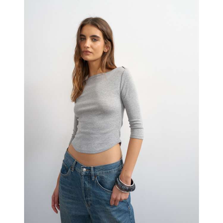 Topshop slash neck curved hem top in gray heather | ASOS