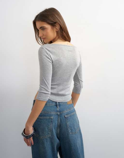 Topshop slash neck curved hem top in gray heather, 2 of 4