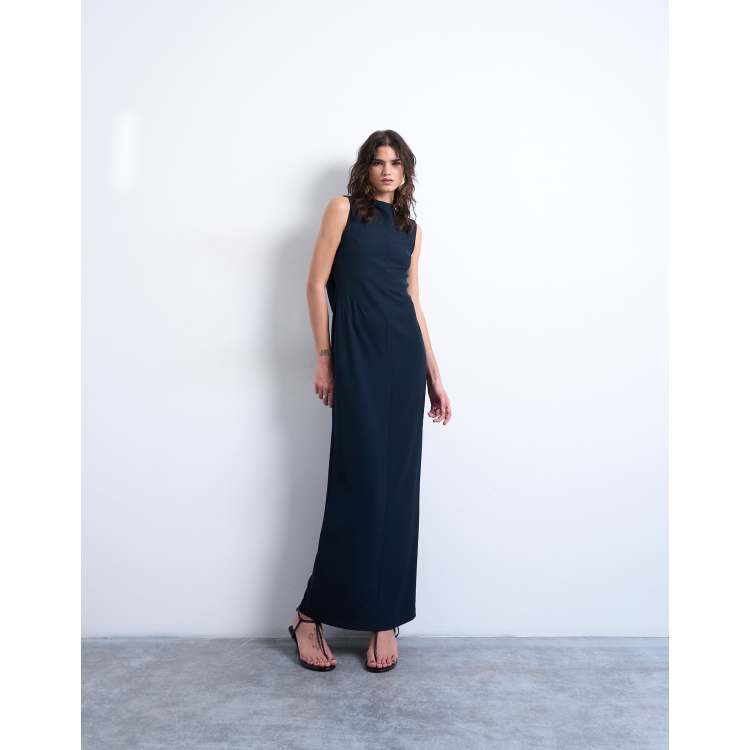 Topshop slash neck drape back maxi dress in navy-Brown