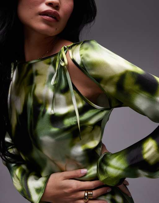 Topshop slash neck with arm cut out in green floral