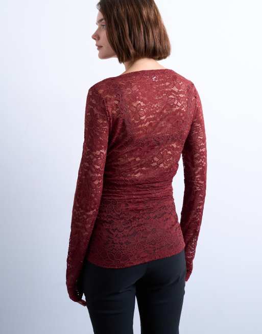 Topshop slash neck hitch side lace top in dark red, 4 of 4
