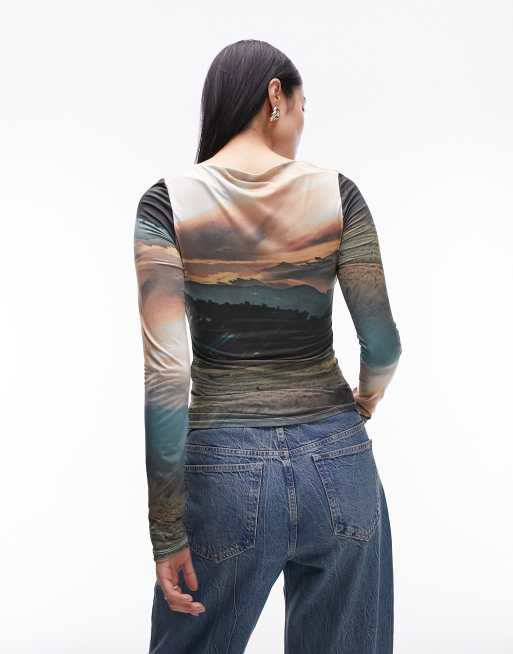 Topshop slash neck landscape long sleeve top in multi | ASOS
