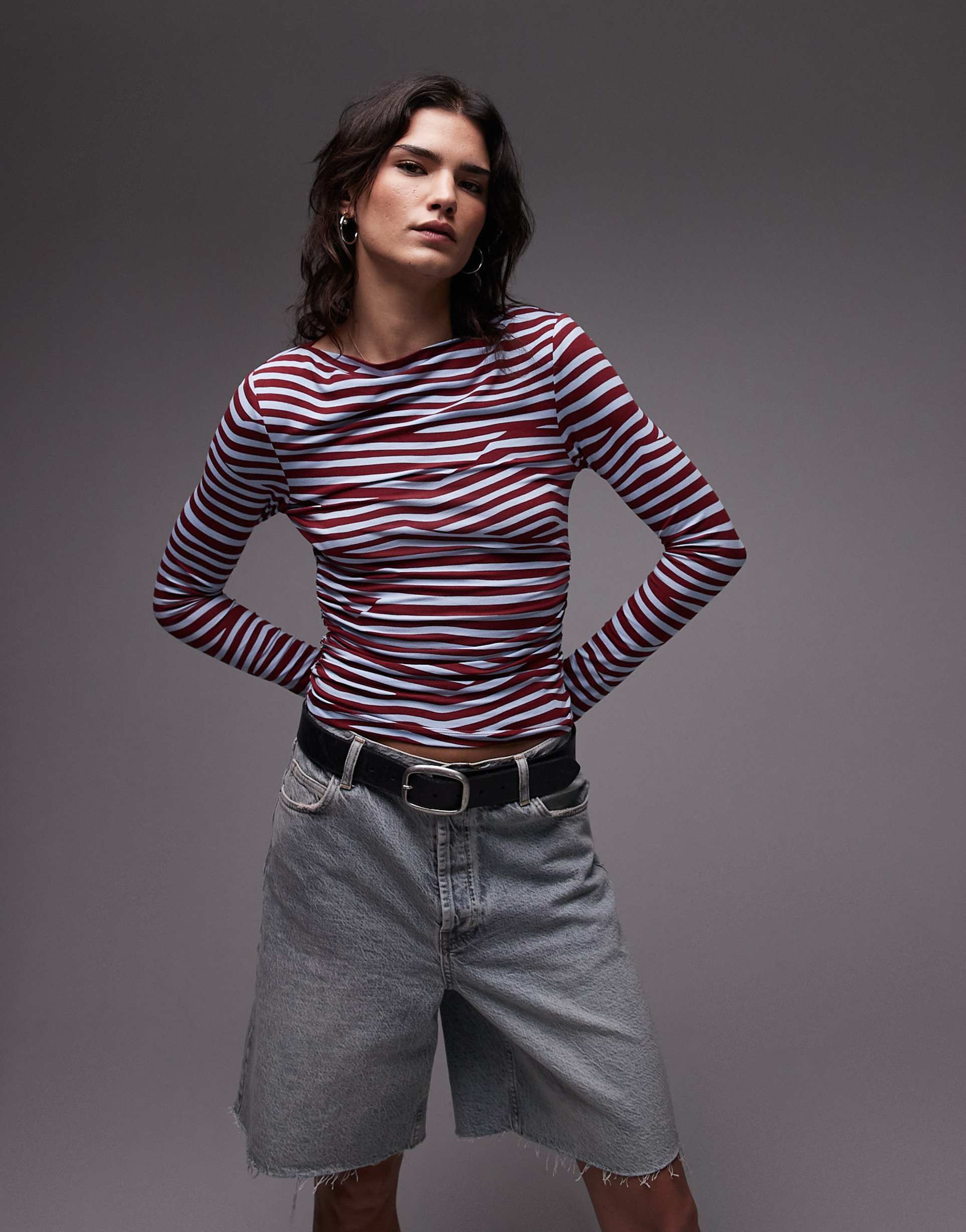 topshop slash neck long sleeve jersey top in burgundy and blue