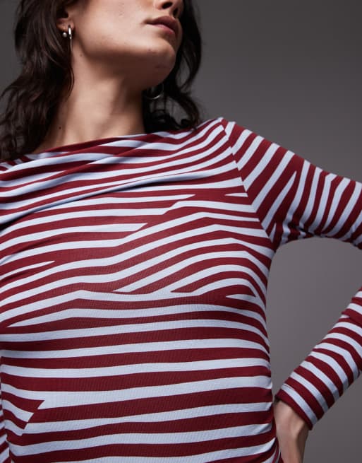 Topshop slash neck long sleeve jersey top in burgundy and blue | ASOS