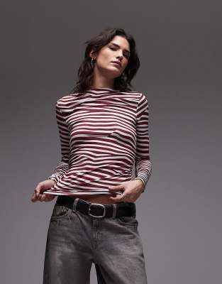 slash neck long sleeve jersey top in burgundy and ecru-Multi