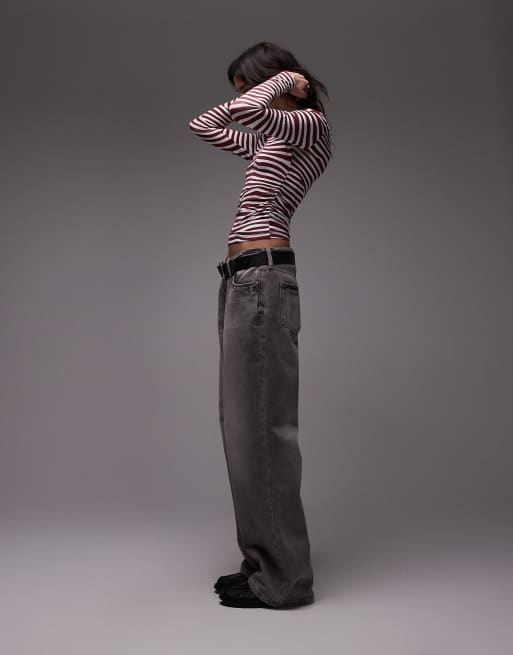Topshop slash neck long sleeve jersey top in white and burgundy