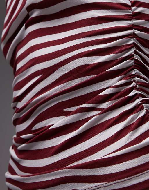 Topshop slash neck long sleeve jersey top in white and burgundy