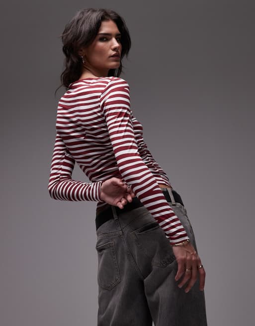 Topshop slash neck long sleeve jersey top in white and burgundy