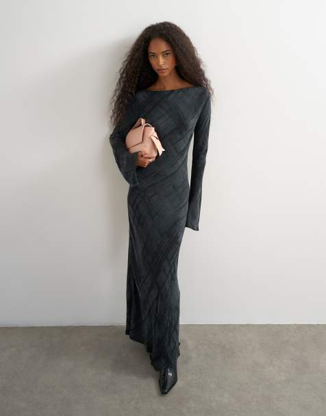 Topshop slash neck maxi dress in black premium cupro jacquard - view 1