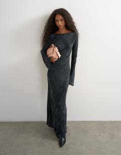 Slash neck maxi dress in black premium cupro jacquard