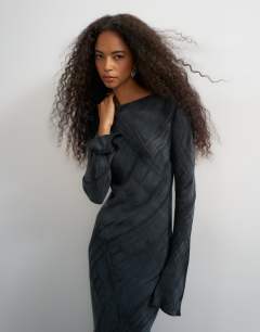 Model wearing Slash neck maxi dress in black premium cupro jacquard