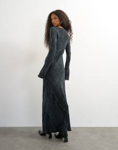Model wearing Slash neck maxi dress in black premium cupro jacquard