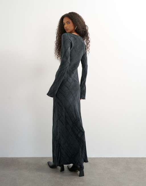 Topshop slash neck maxi dress in black premium cupro jacquard, 3 of 4