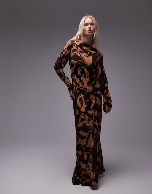 Topshop Slash Neck Maxi Dress in Tortoise Shell print Brown