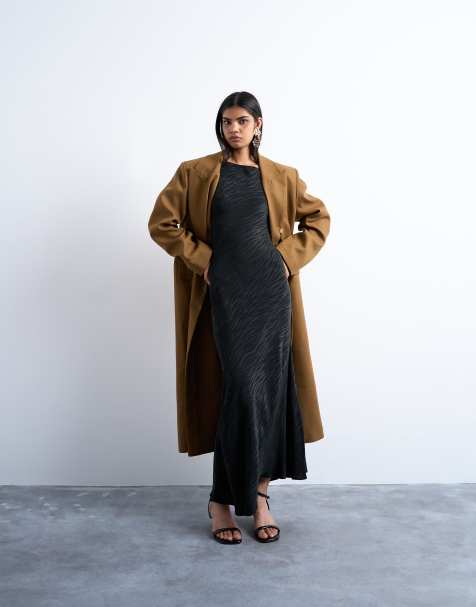 Topshop slash neck midi dress in black premium cupro jacquard - view 1