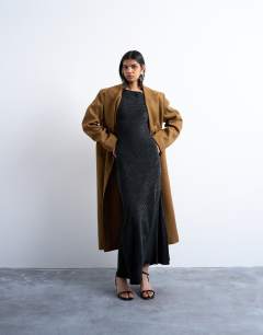 Slash neck midi dress in black premium cupro jacquard