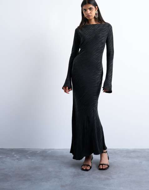 Topshop slash neck midi dress in black premium cupro jacquard