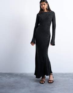 Model wearing Slash neck midi dress in black premium cupro jacquard